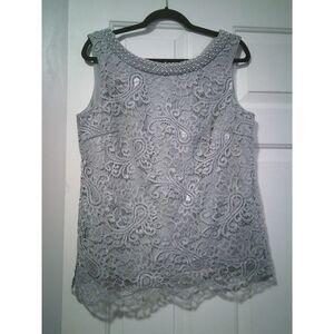 Maya Brooke Grey Lace Sleeveless Top with Pearl Beaded Neckline Size 14‎